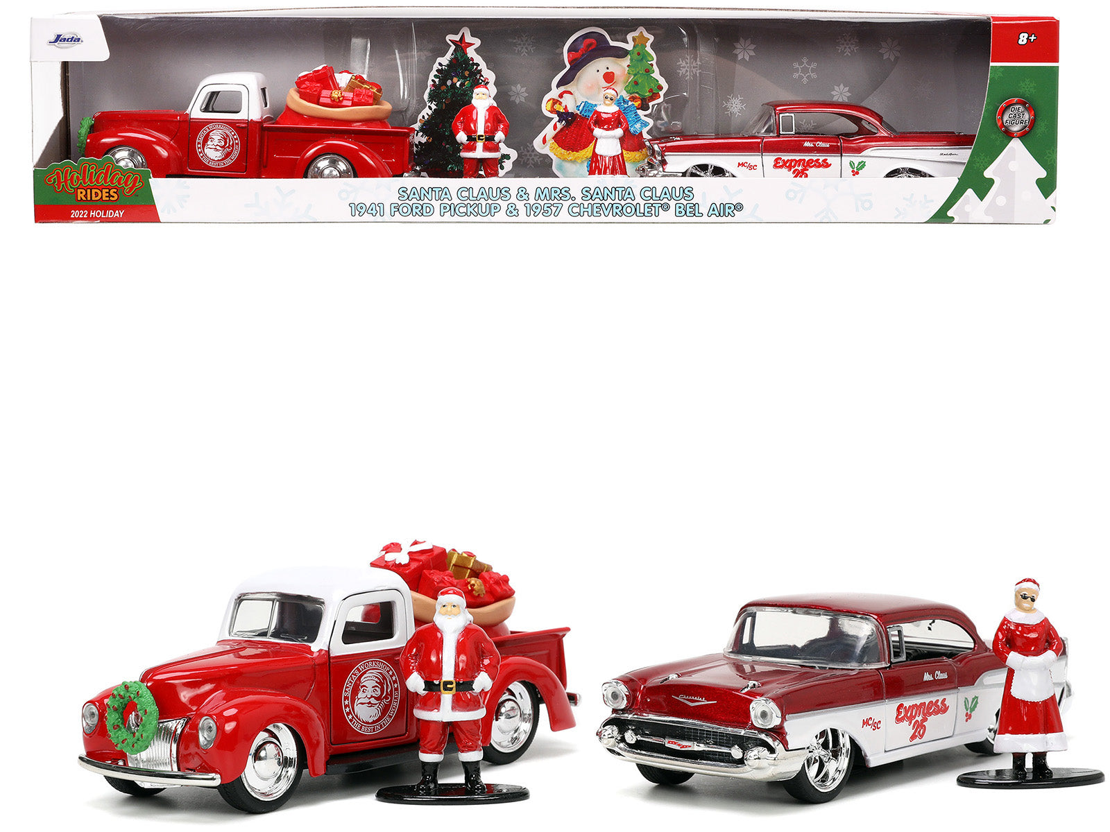 1941 Ford Pickup Truck Red and White "Santa's Workshop" and 1957 Chevrolet Bel Air Red Metallic and White "Express 25" with Mr. and Mrs. Santa Claus Diecast Figures "Holiday Rides" Series 1/32 Diecast Model Cars by Jada