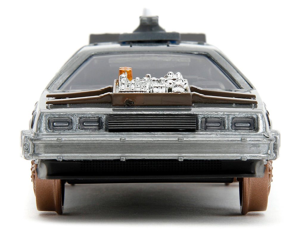 DeLorean DMC (Time Machine) Brushed Metal Train Wheel Version "Back to the Future Part III" (1990) Movie "Hollywood Rides" Series 1/32 Diecast Model Car by Jada