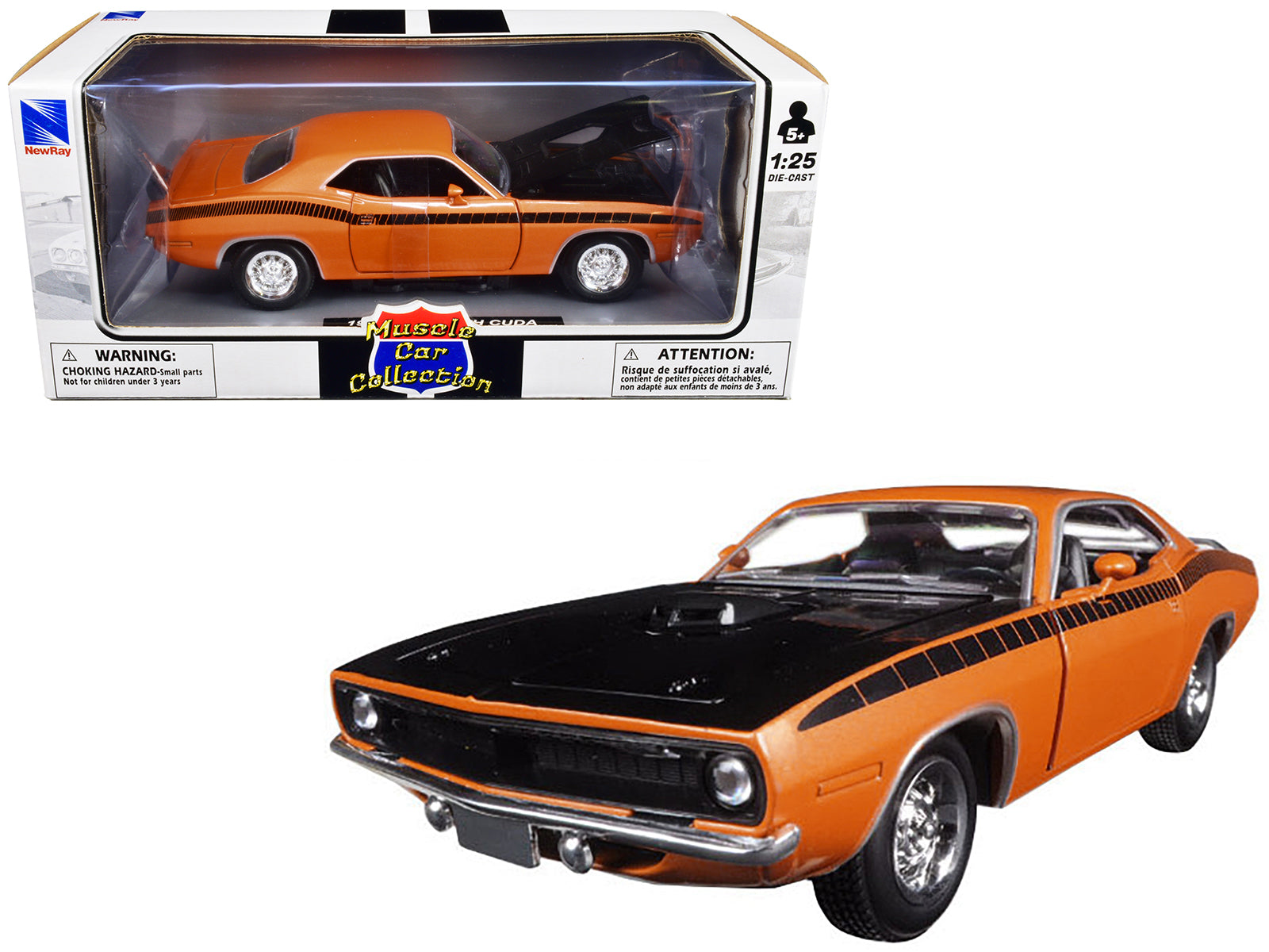 1970 Plymouth Cuda Orange with Black Hood and Stripes 1/25 Diecast Model Car by New Ray 