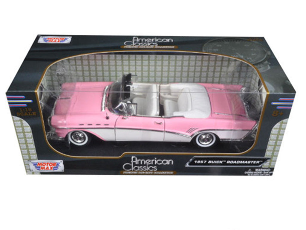 1957 Buick Roadmaster Convertible Pink and White 1/18 Diecast Model Car by Motormax