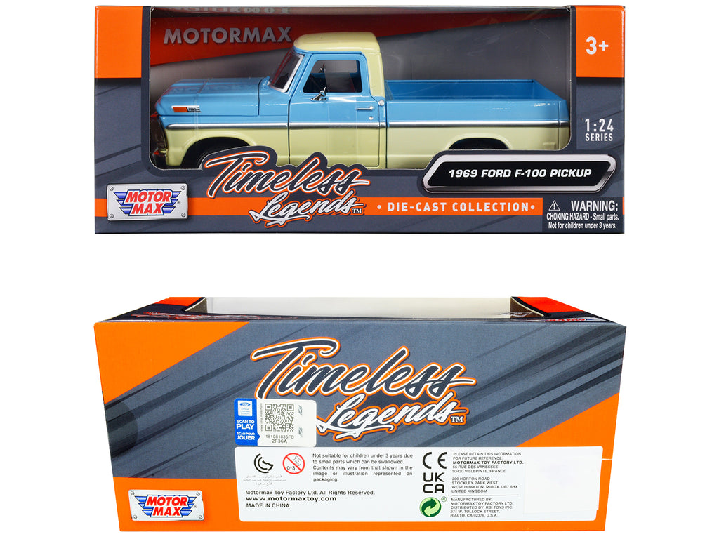 1969 Ford F-100 Pickup Truck Light Blue and Cream "Timeless Legends" Series 1/24 Diecast Model Car by Motormax