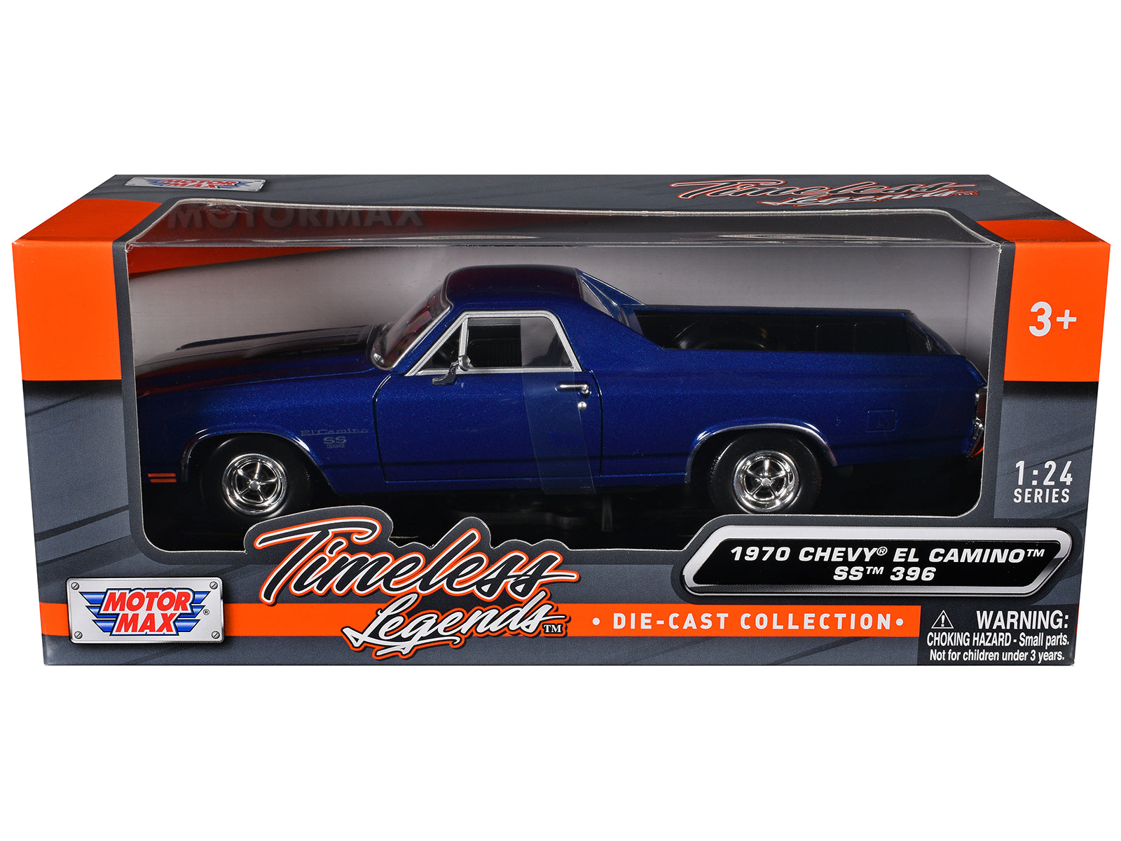 1970 Chevrolet El Camino SS 396 Dark Blue Metallic with Black Stripes 1/24 Diecast Model Car by Motormax