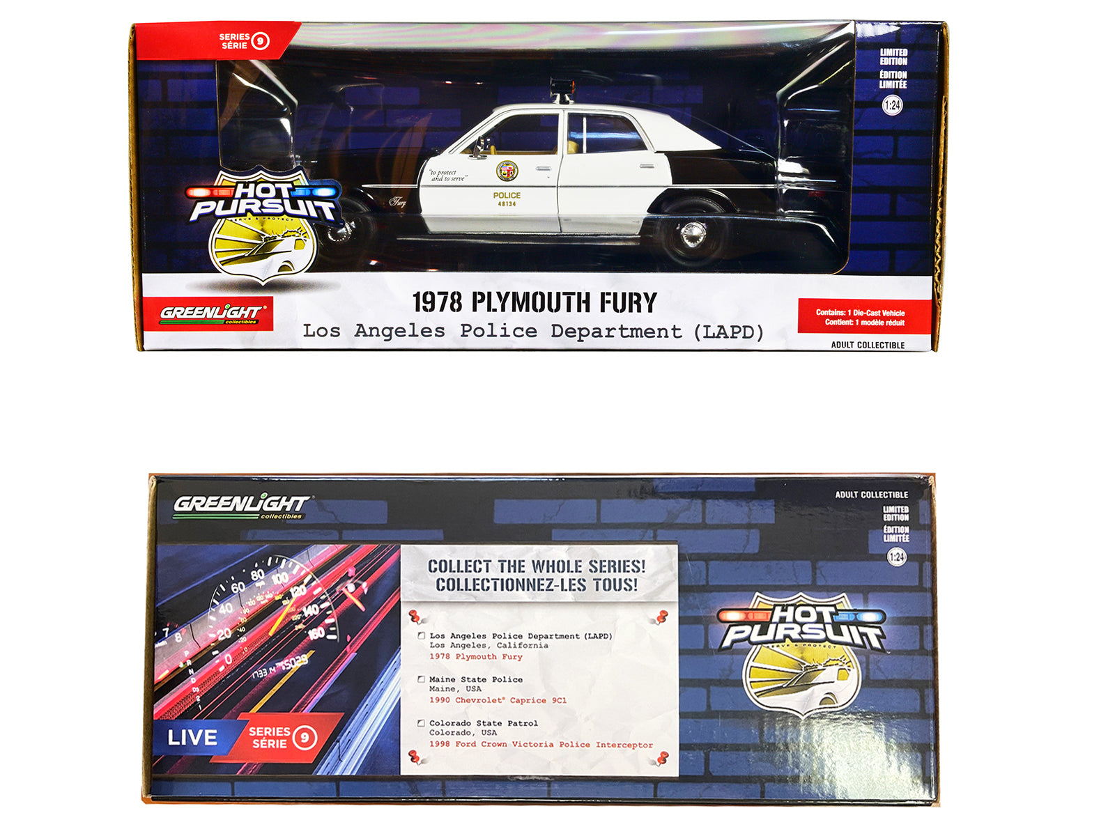 1978 Plymouth Fury Black and White "LAPD (Los Angeles Police Department)" "Hot Pursuit" Series 9 1/24 Diecast Model Car by Greenlight