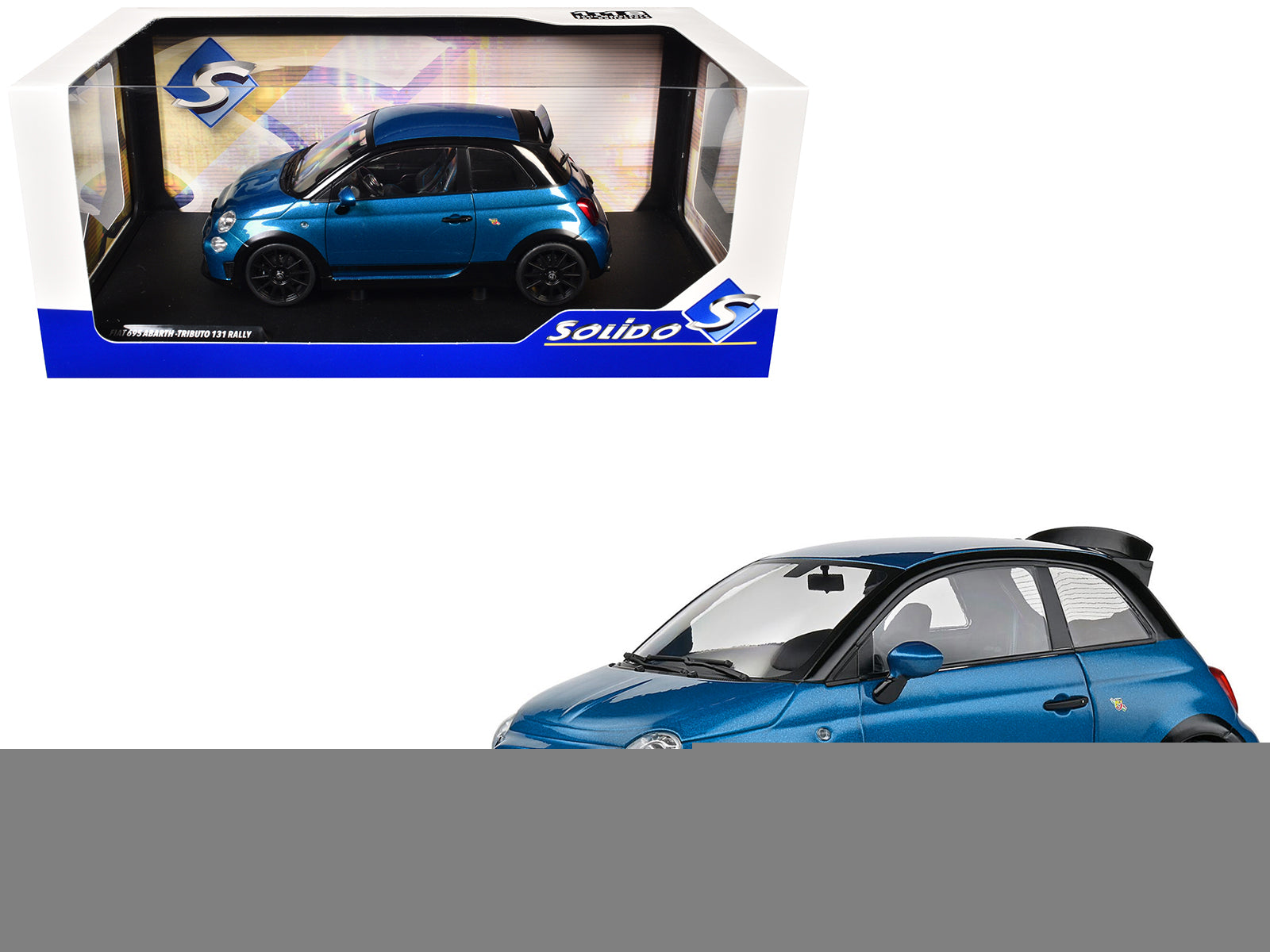 2022 Fiat 695 Abarth "Tributo 131 Rally" Podium Blue Metallic with Black Side Stripes 1/18 Diecast Model Car by Solido