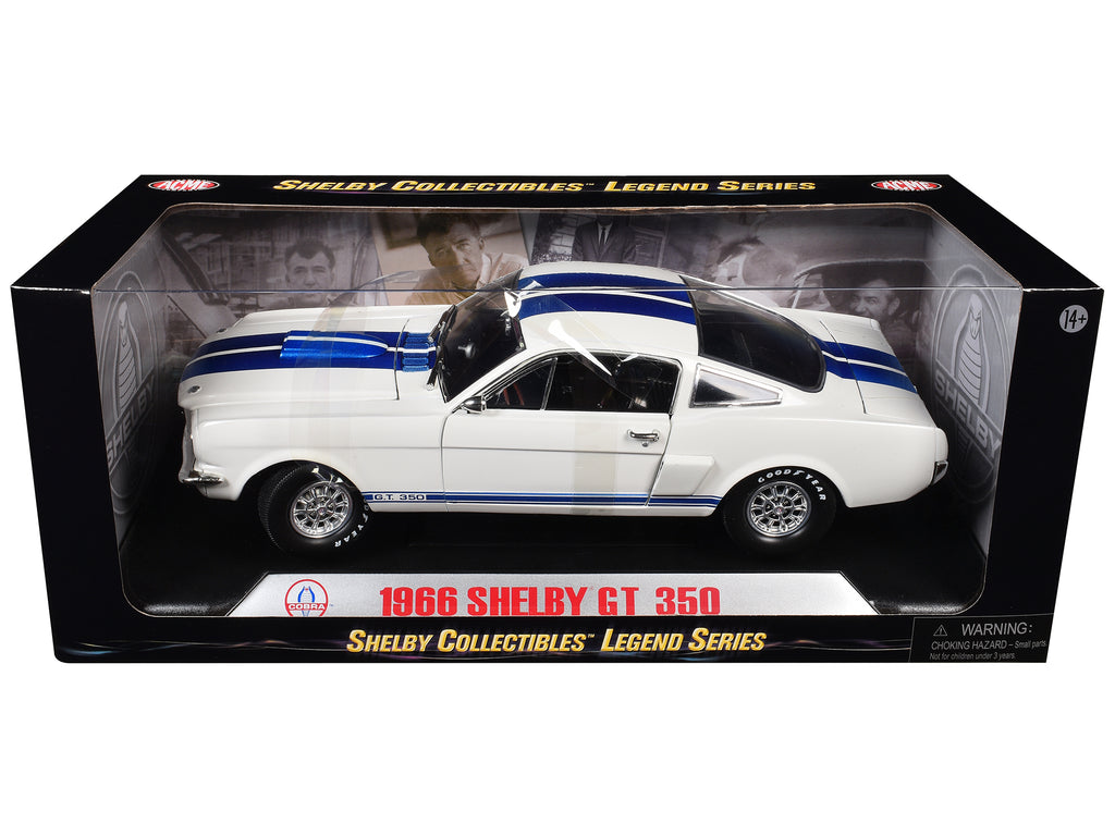1966 Ford Mustang Shelby GT350 White with Blue Stripes 1/18 Diecast Model Car by Shelby Collectibles